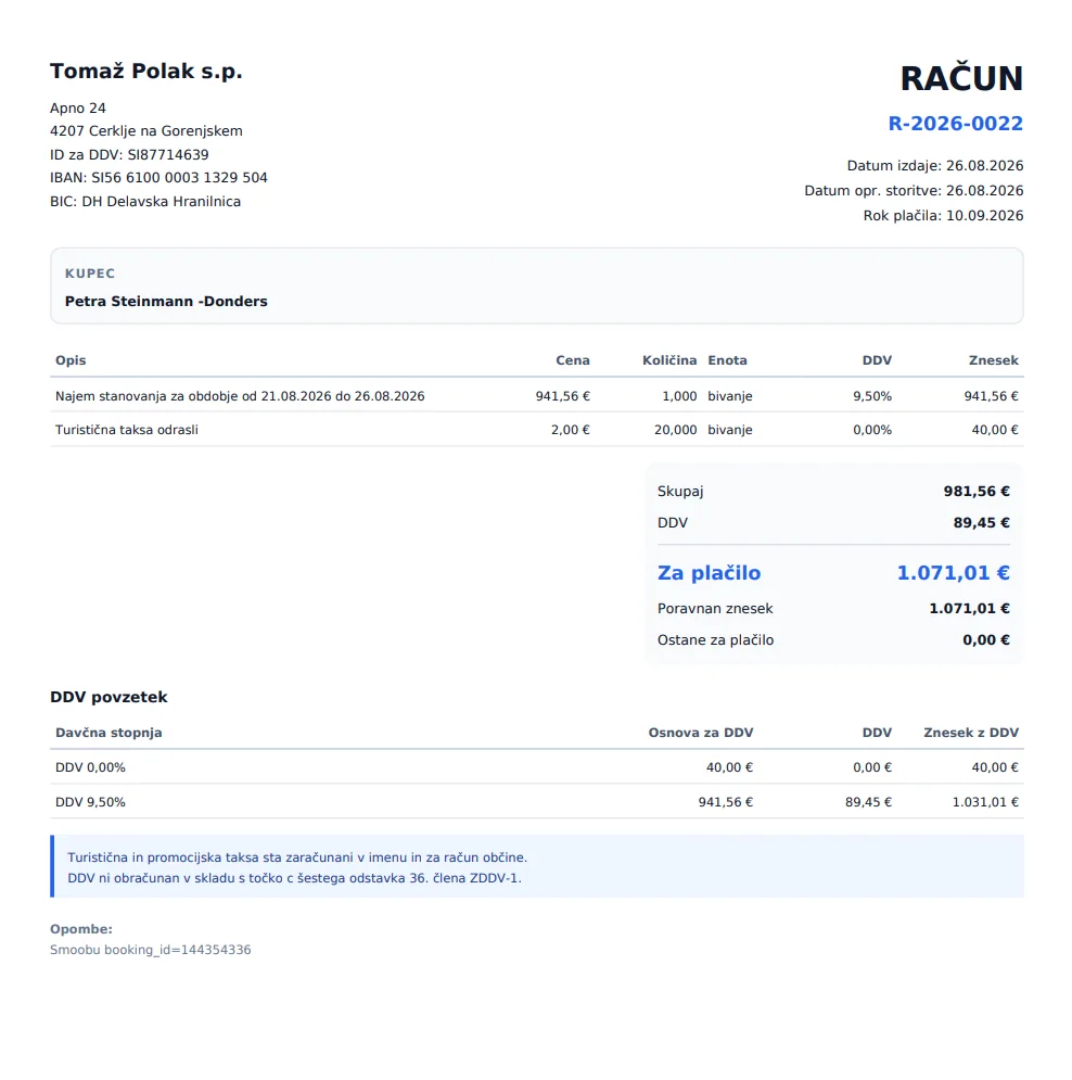 Primer računa za bivanje in turistično takso, ustvarjenega v SaKe Host